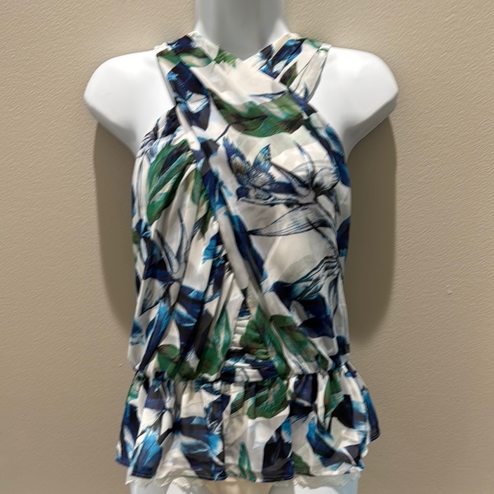 White House Black Market White and Blue Asymmetrical Ruffled Halter Top
